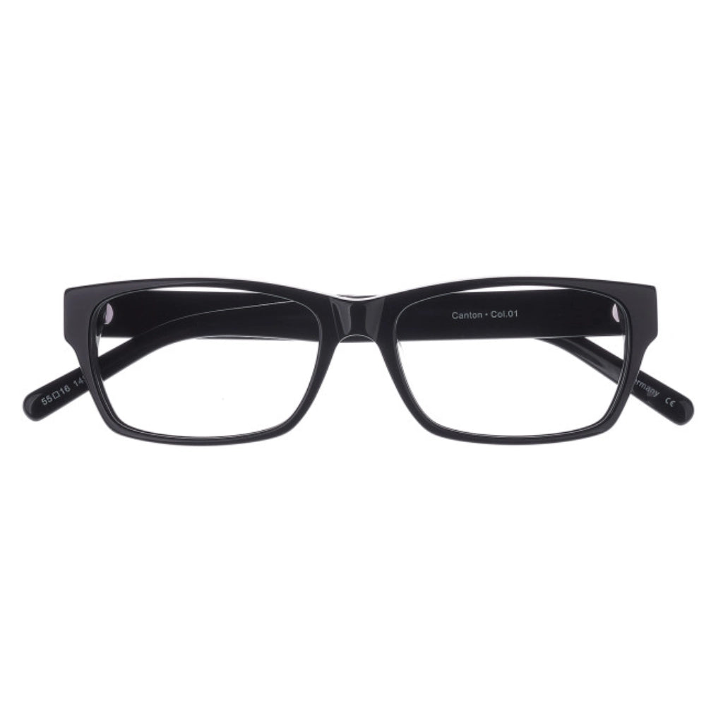 Black minimal slim rectangular plastic luxury eyeglasses with thick temples