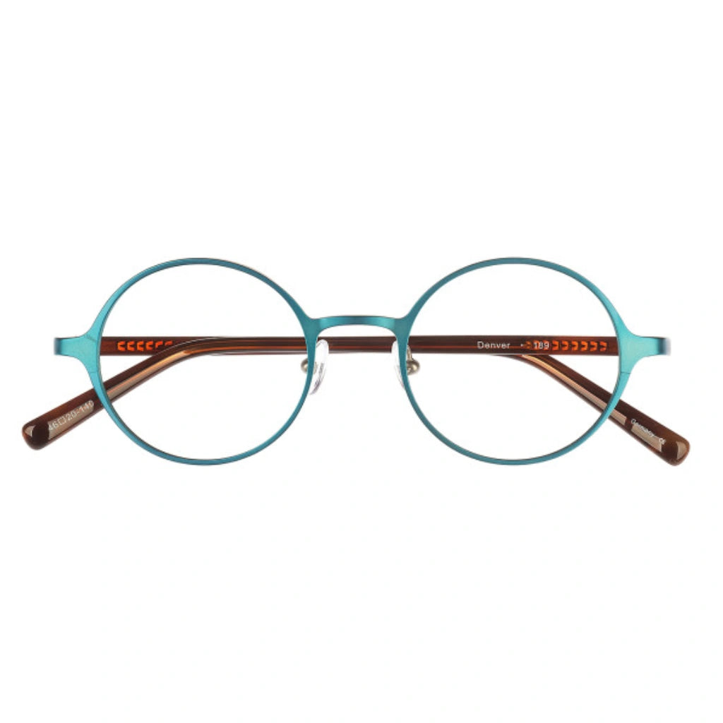 Light blue round titanium metal eyeglass frames for men and women.