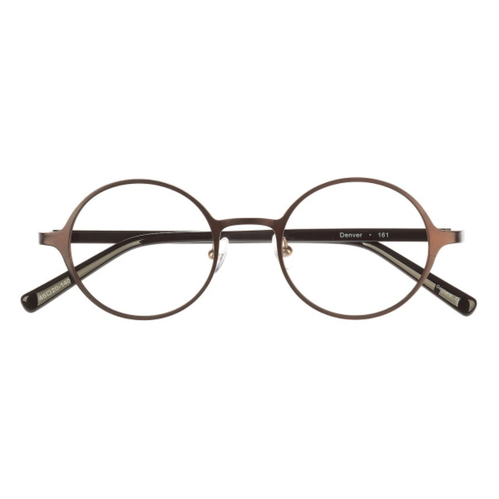 Brown round titanium metal eyeglass frames for men and women.