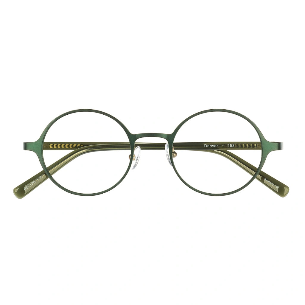 Green round titanium metal eyeglass frames for men and women.