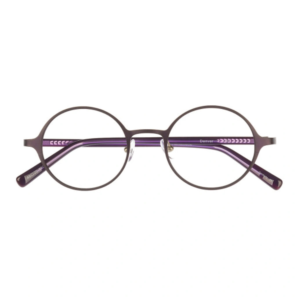 Dark purple round titanium metal eyeglass frames for men and women.