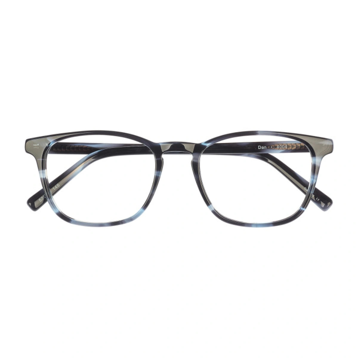 Pair of glasses with a blue and black frame on a white background