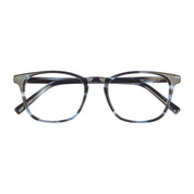 Pair of glasses with a blue and black frame on a white background