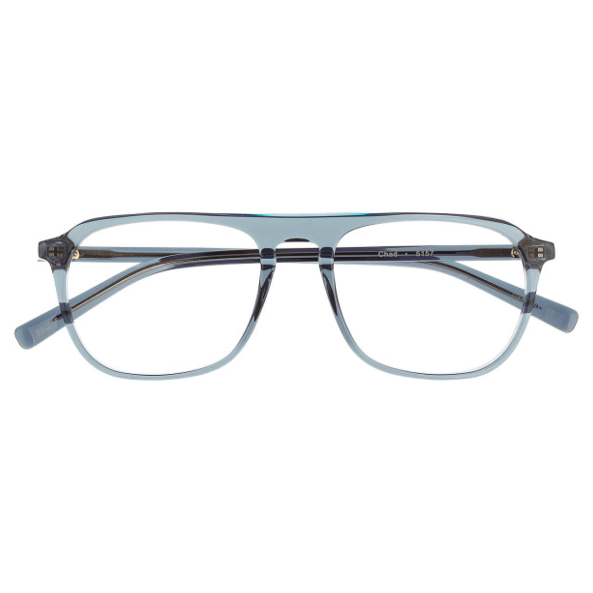 Blue square-frame eyeglasses with translucent color and a straight bridge brow shown against a plain white background