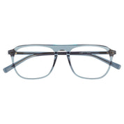 Blue square-frame eyeglasses with translucent color and a straight bridge brow shown against a plain white background