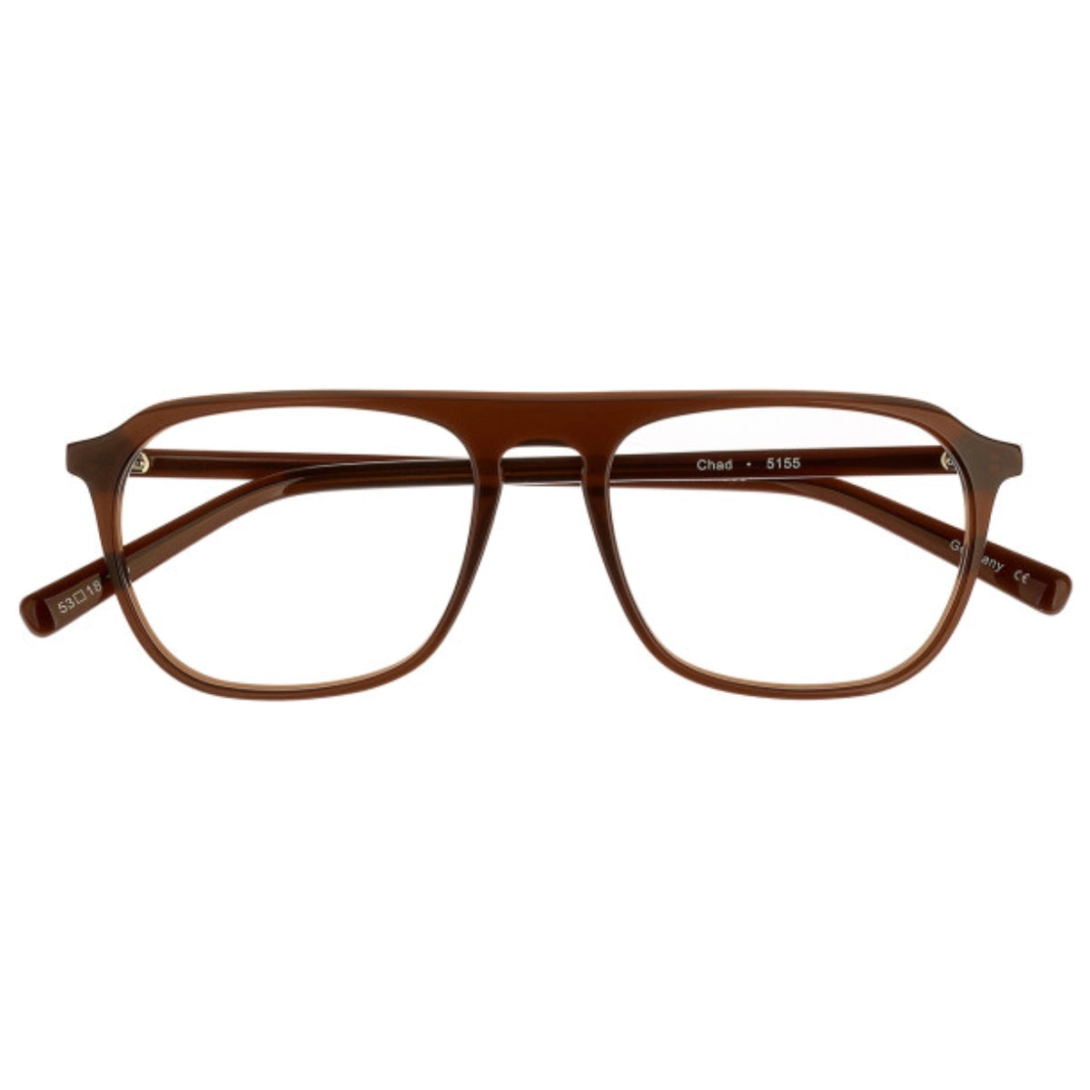 Brown crystal square-frame eyeglasses with translucent color and a straight bridge brow shown against a plain white background