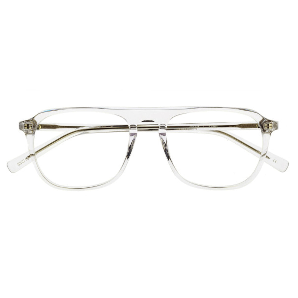 Clear square-frame eyeglasses with translucent color and a straight bridge brow shown against a plain white background