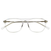 Clear square-frame eyeglasses with translucent color and a straight bridge brow shown against a plain white background