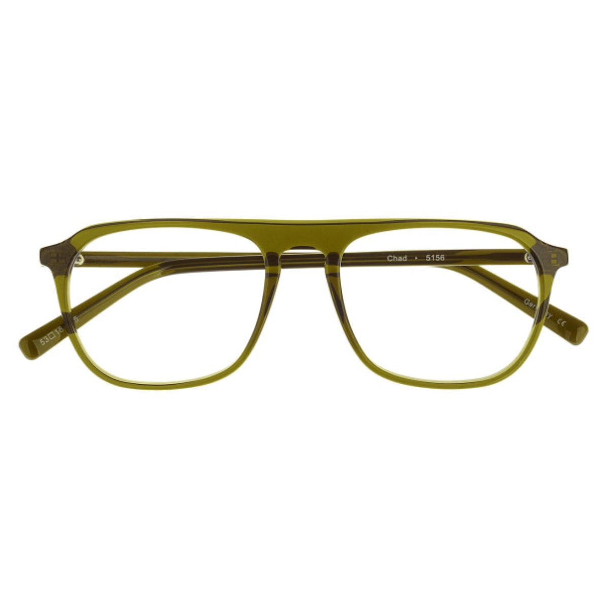 Olive green square-frame eyeglasses with translucent color and a straight bridge brow shown against a plain white background