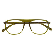 Olive green square-frame eyeglasses with translucent color and a straight bridge brow shown against a plain white background