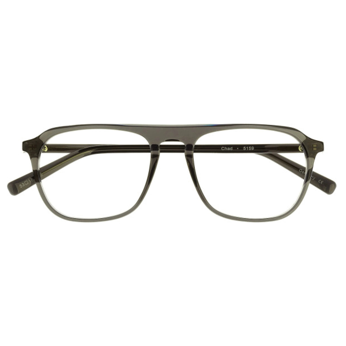 Smoke grey square-frame eyeglasses with translucent color and a straight bridge brow shown against a plain white background