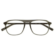 Smoke grey square-frame eyeglasses with translucent color and a straight bridge brow shown against a plain white background