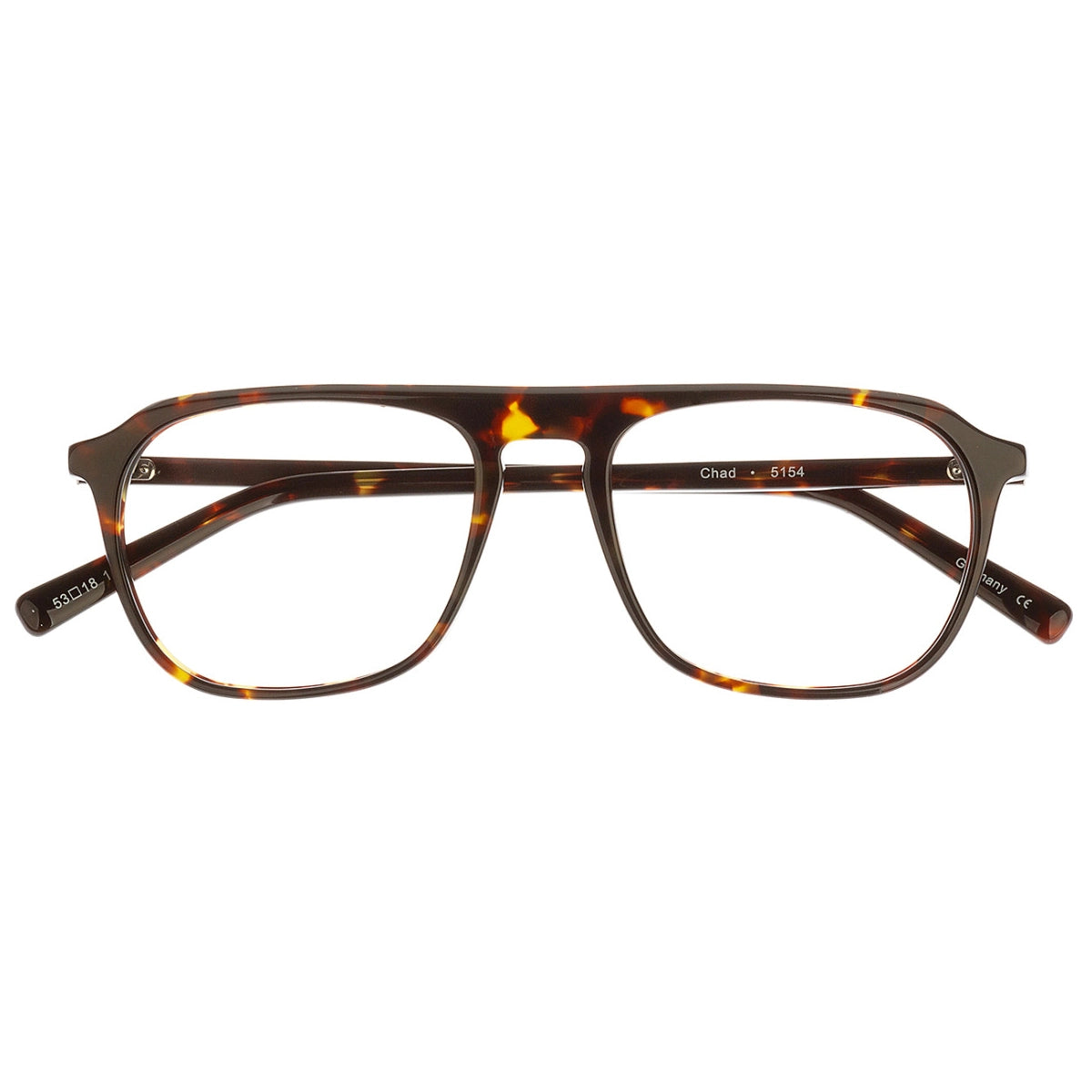 Tortoise square-frame eyeglasses with translucent color and a straight bridge brow shown against a plain white background