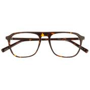 Tortoise square-frame eyeglasses with translucent color and a straight bridge brow shown against a plain white background