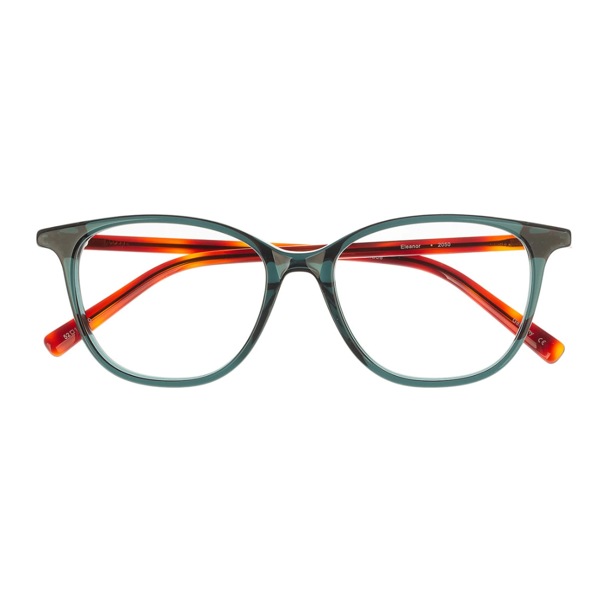 Dark green cat-eye eyeglasses featuring a translucent colorful front shown against a plain white background.