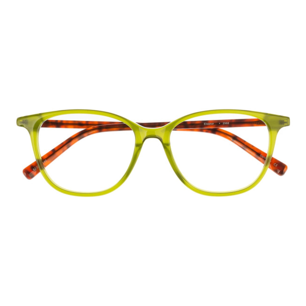 Light lime green cat-eye eyeglasses featuring a translucent colorful front shown against a plain white background.