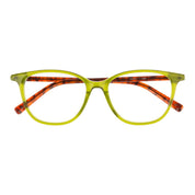 Light lime green cat-eye eyeglasses featuring a translucent colorful front shown against a plain white background.