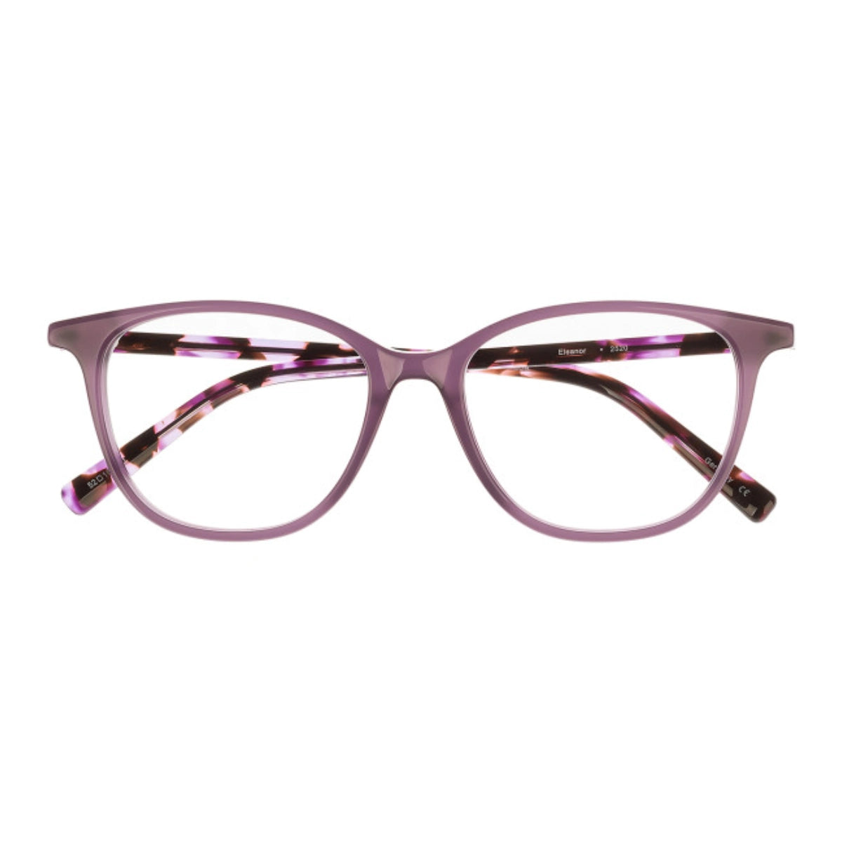 Purple cat-eye eyeglasses featuring a translucent colorful front shown against a plain white background.