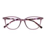 Purple cat-eye eyeglasses featuring a translucent colorful front shown against a plain white background.