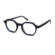 Blue round, geometric unique eyeglasses from The Optical. Co
