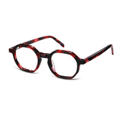 Red tortoise round, geometric unique eyeglasses from The Optical. Co