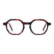 Red tortoise round, geometric unique eyeglasses from The Optical. Co